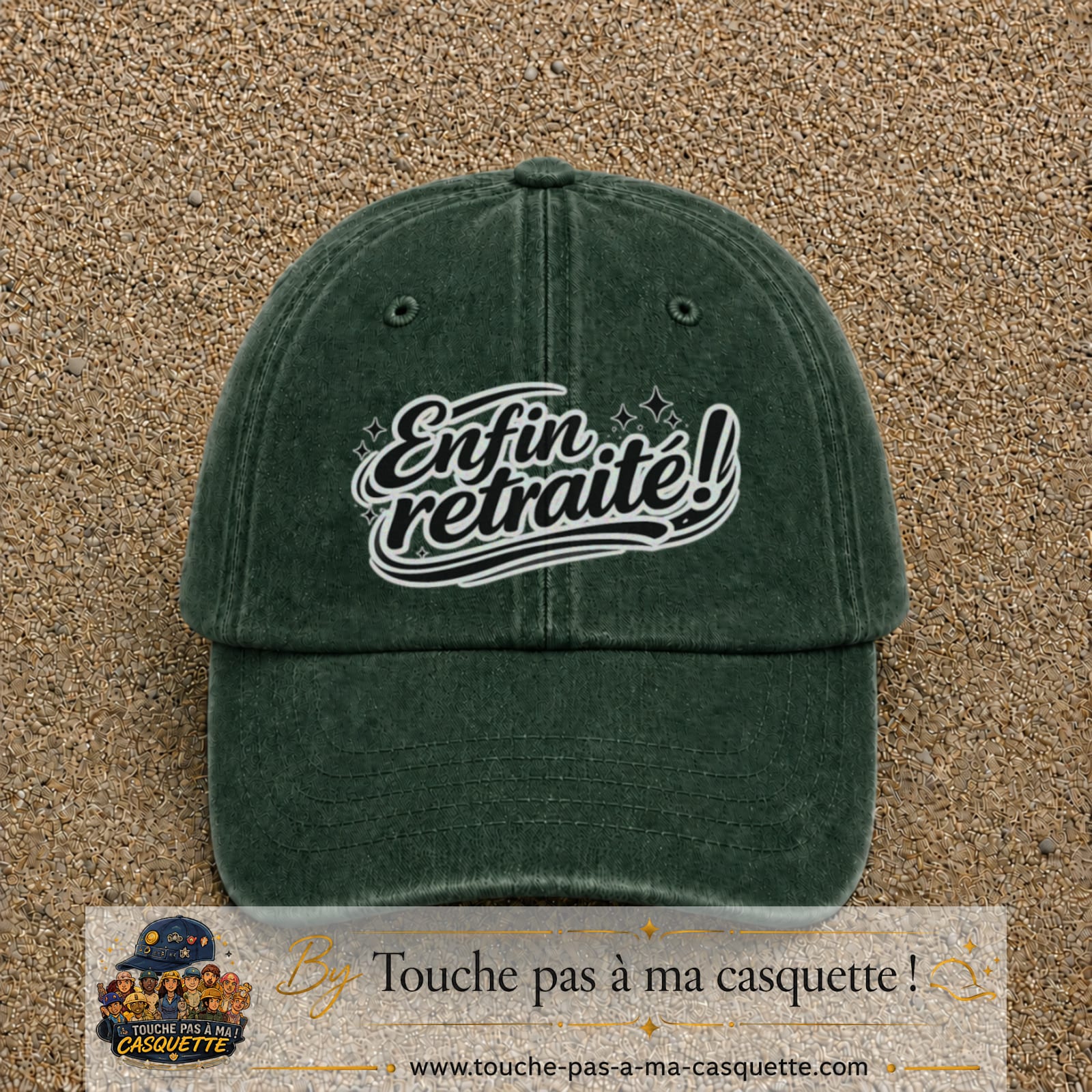 Casquette Vert foncé délavé avec motif Enfin retraité en 7 cm – vue principale