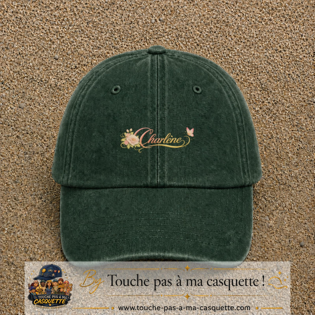 Casquette Vert foncé délavé avec motif Prénom Charlène fleuri en 3 cm – vue principale