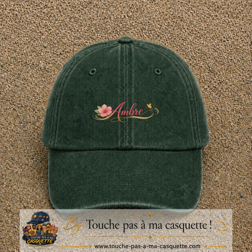Casquette Vert foncé délavé avec motif Prénom Ambre fleuri en 3 cm – vue principale