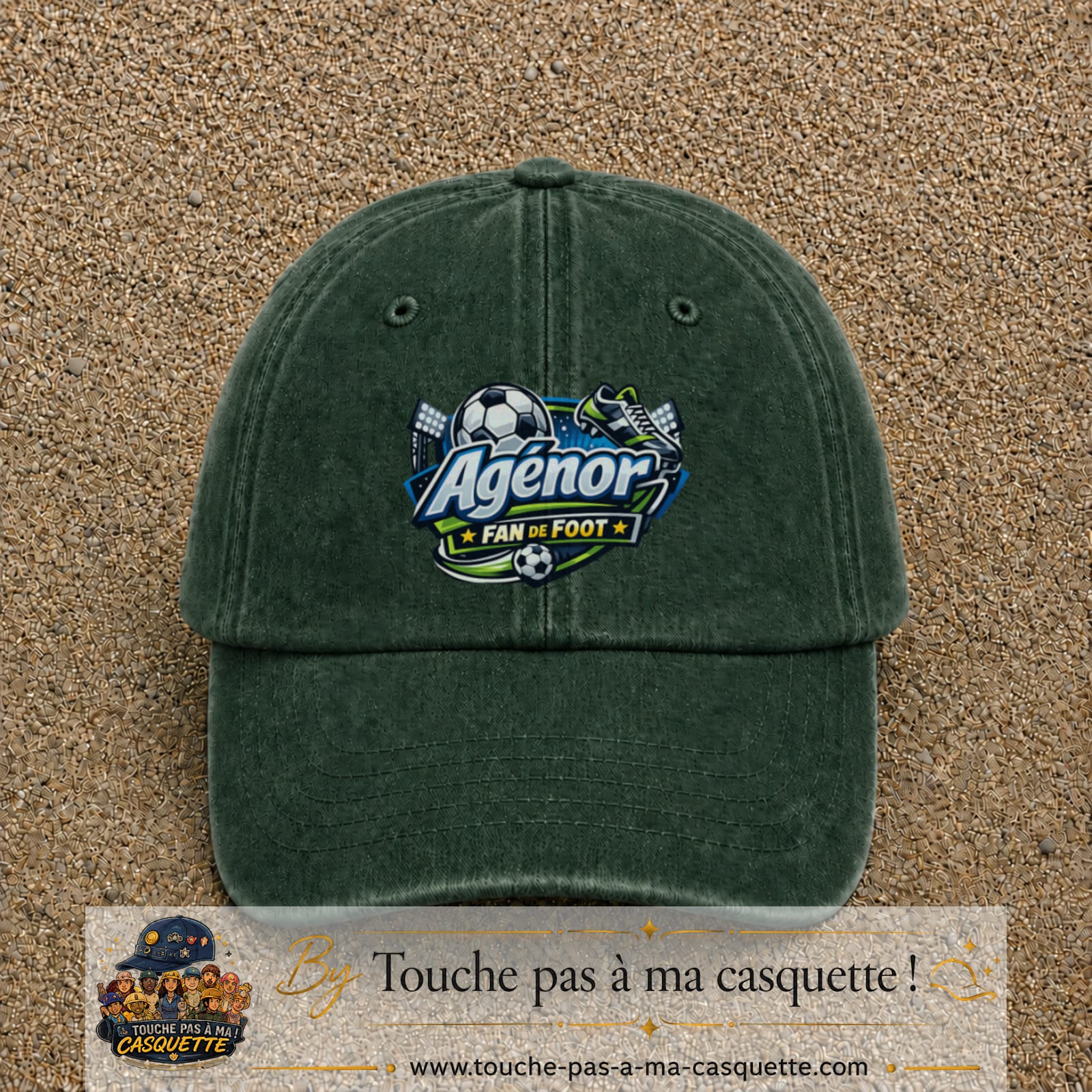 Casquette Vert foncé délavé avec motif Agénor fan de foot en 7 cm – vue principale