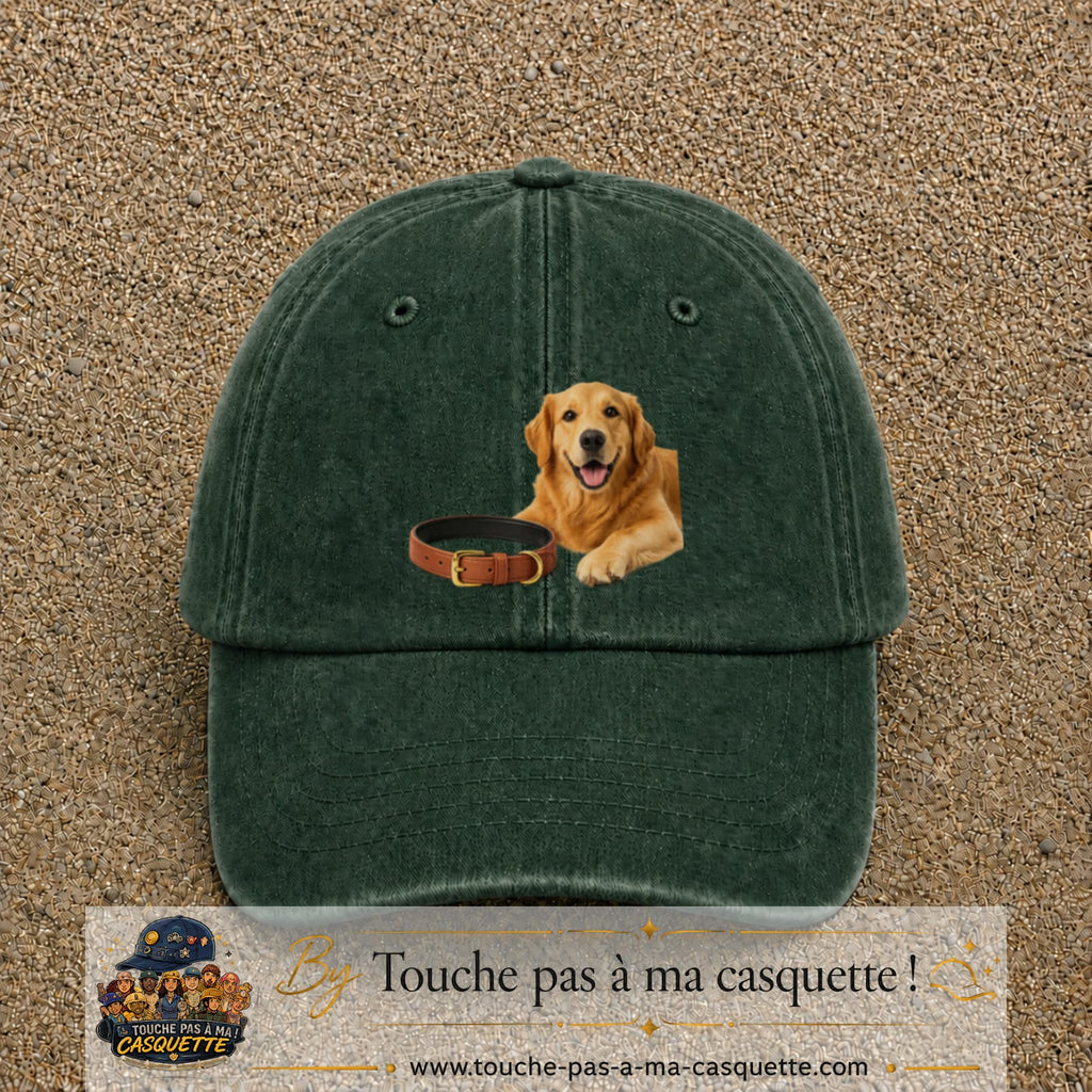 Image principale casquette Vert foncé délavé avec motif Chien avec collier 7 cm