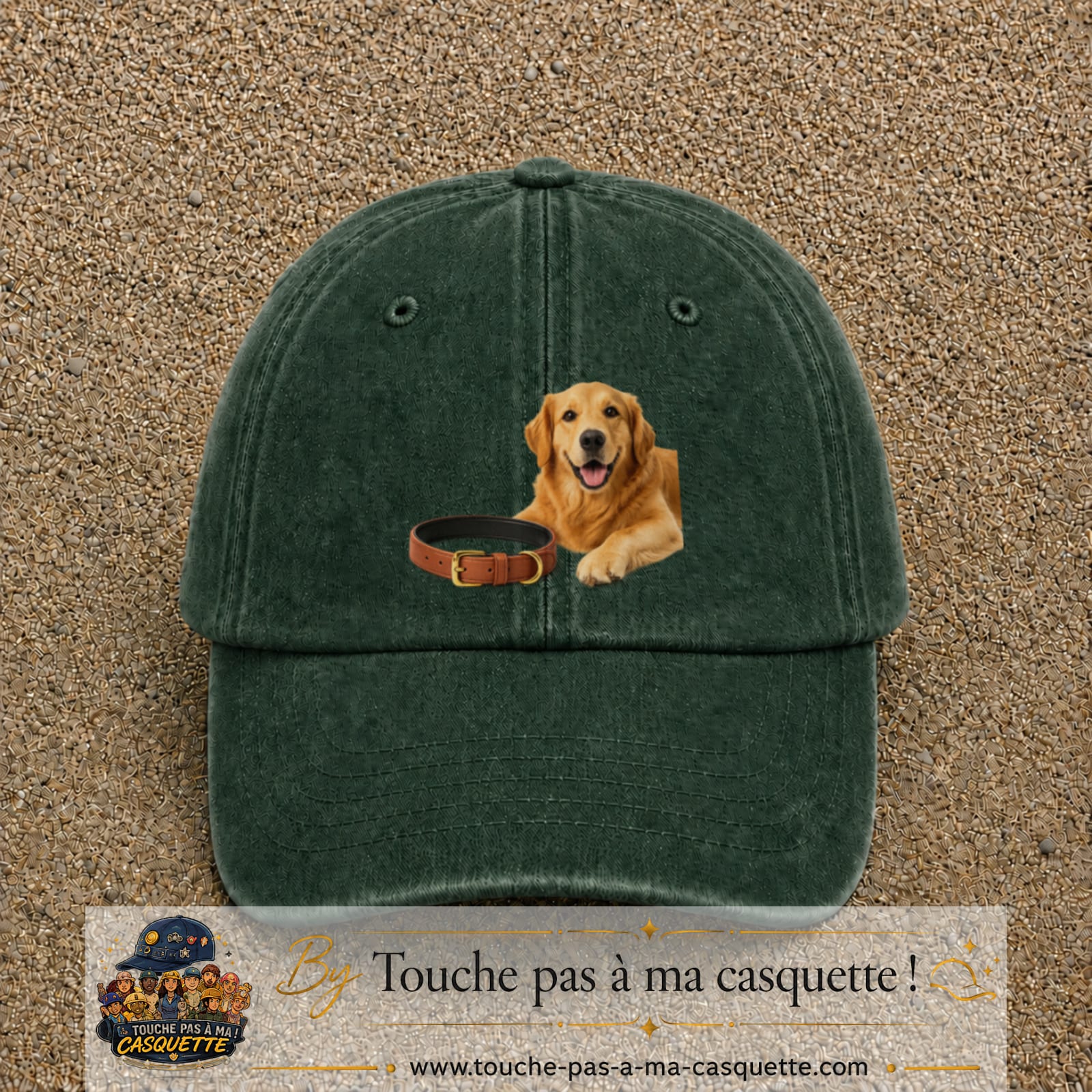 Image principale casquette Vert foncé délavé avec motif Chien avec collier 7 cm