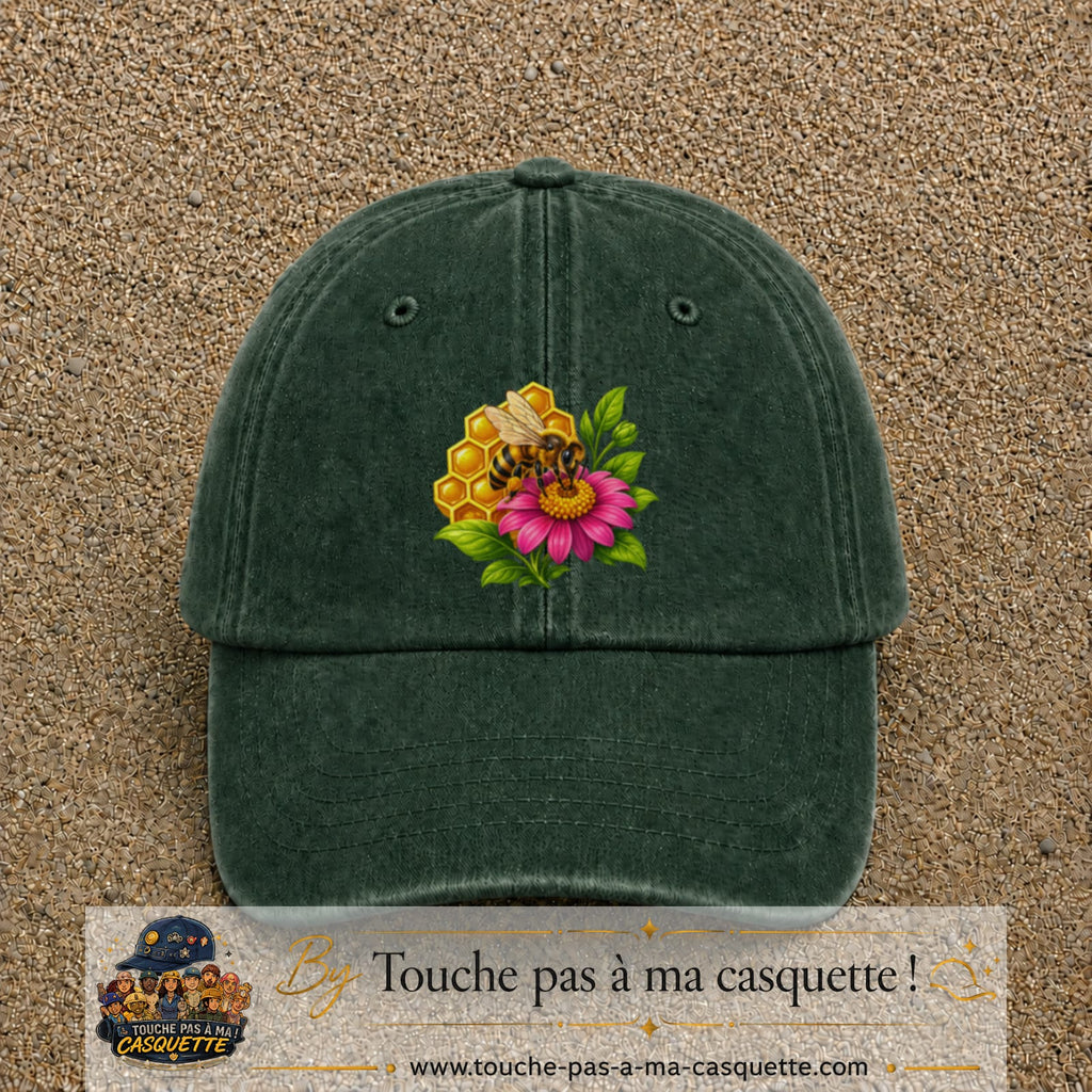 Casquette Vert foncé délavé motif Abeille et miel logo 7 cm