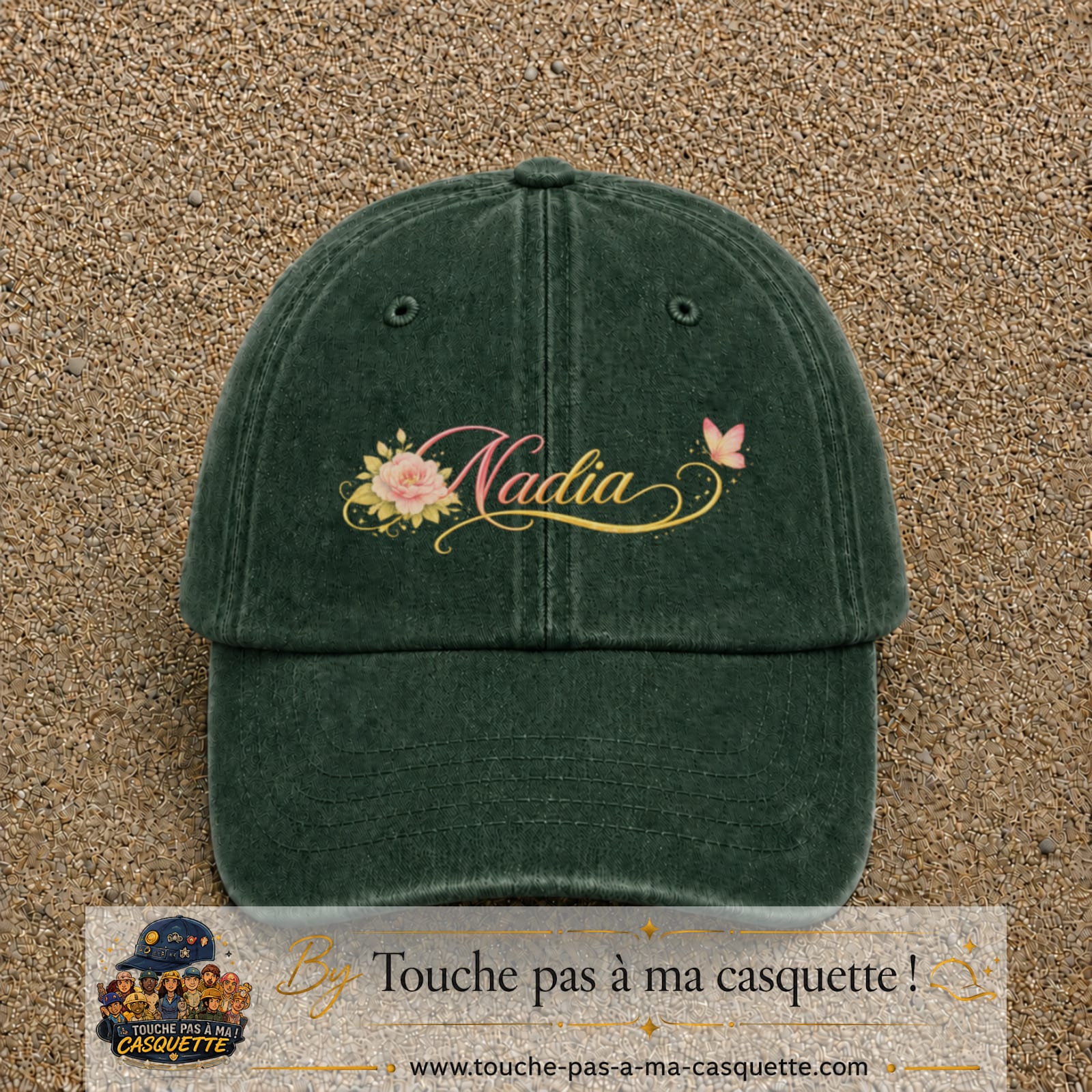 Casquette Vert foncé délavé avec motif Prénom Nadia fleuri en 5 cm – vue principale
