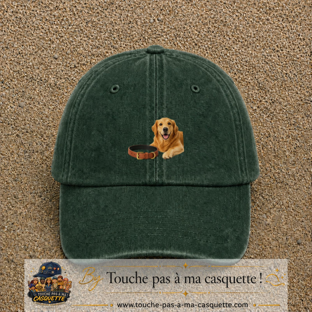 Image principale casquette Vert foncé délavé avec motif Chien avec collier 5 cm