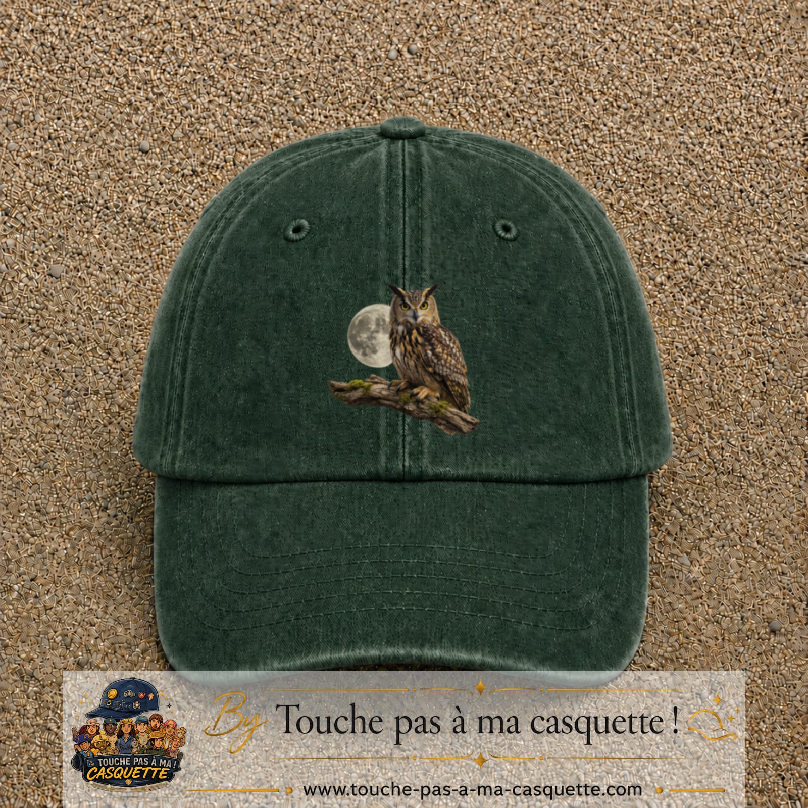 Image principale casquette Vert foncé délavé avec motif Hibou sous la lune 7 cm