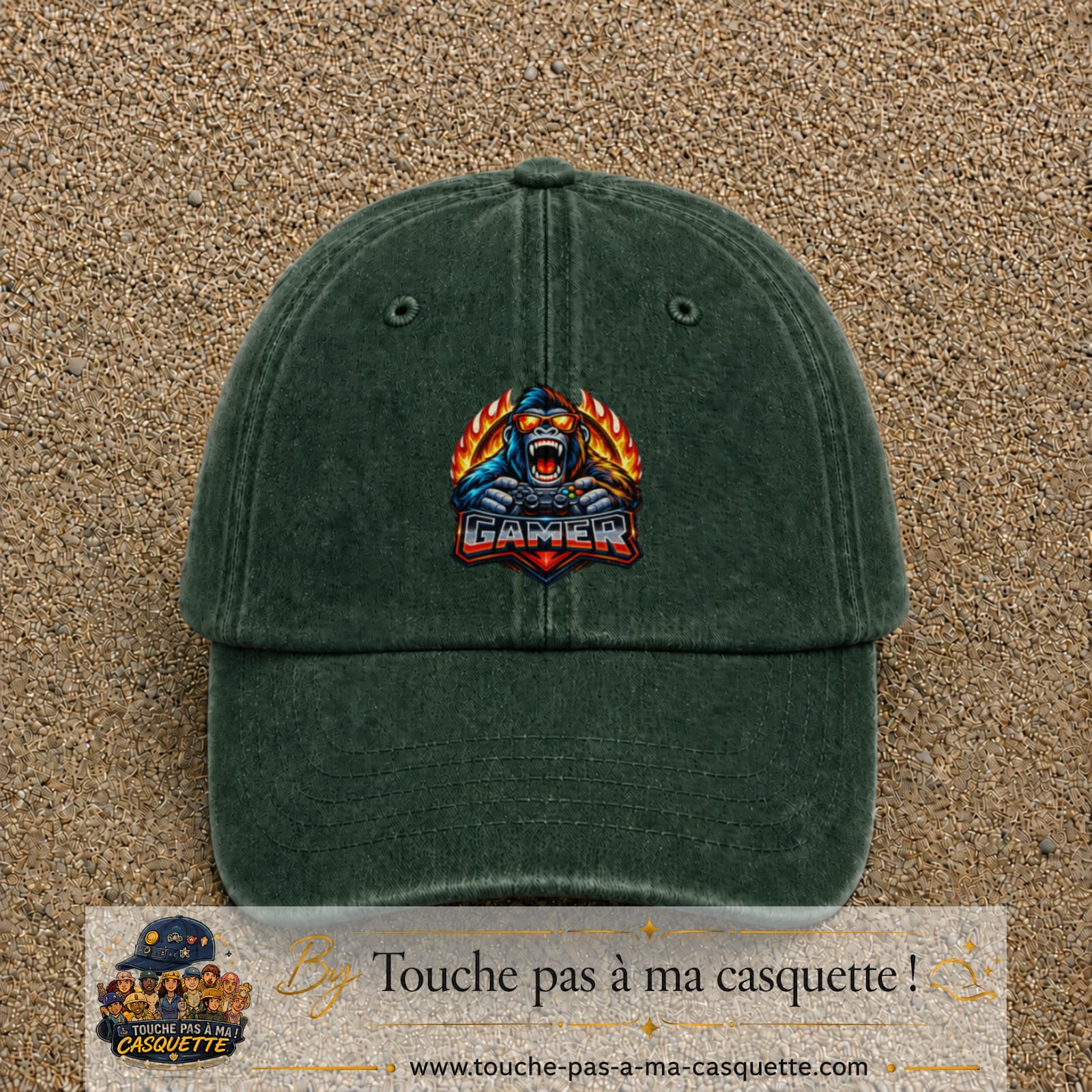 Casquette Vert foncé délavé motif Gamer gorille logo 7 cm