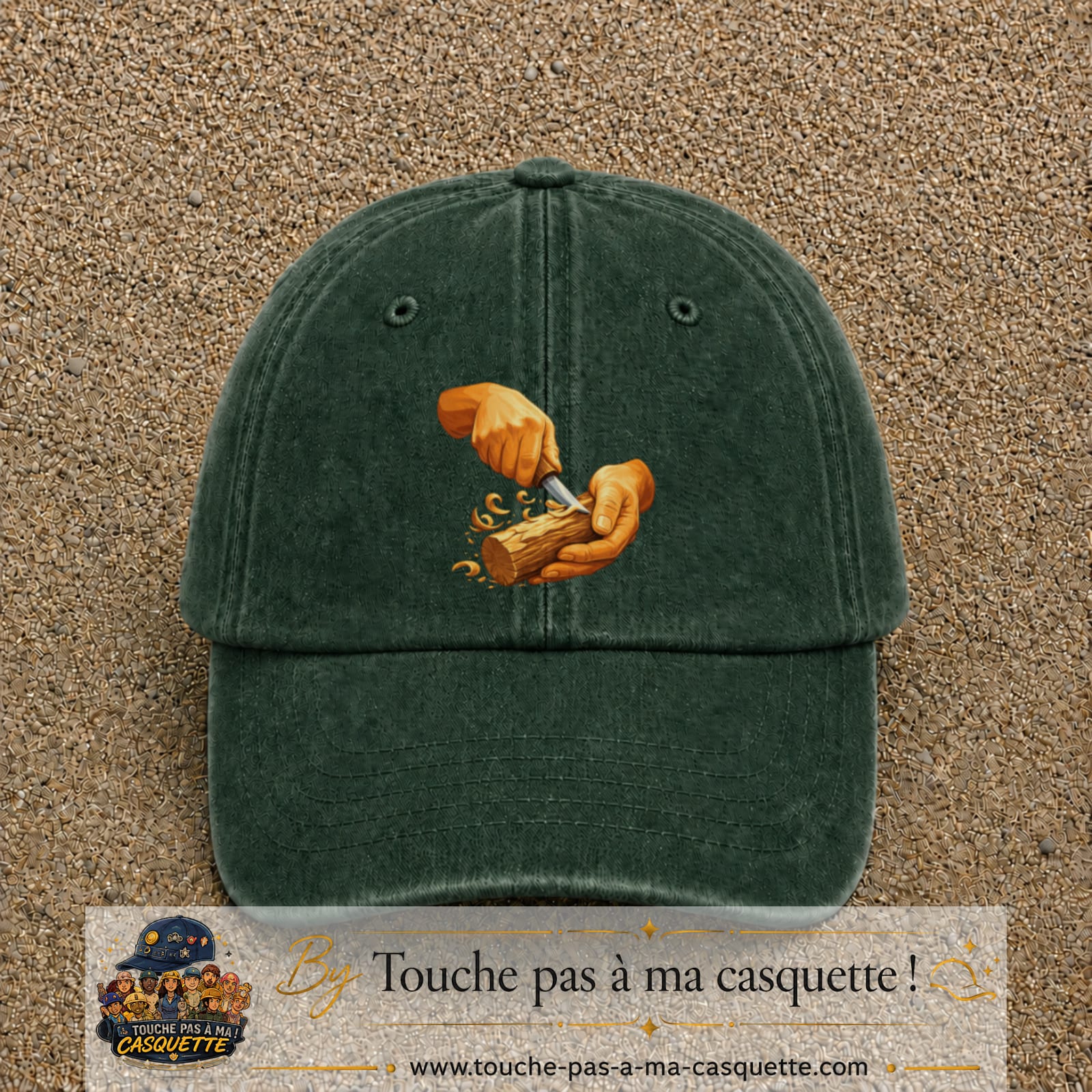 Casquette Vert foncé délavé motif Travail du bois logo 7 cm