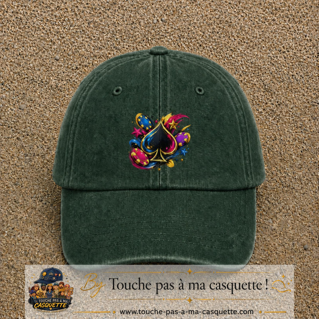 Casquette Vert foncé délavé avec motif As de pique et jetons de poker en 7 cm – vue principale