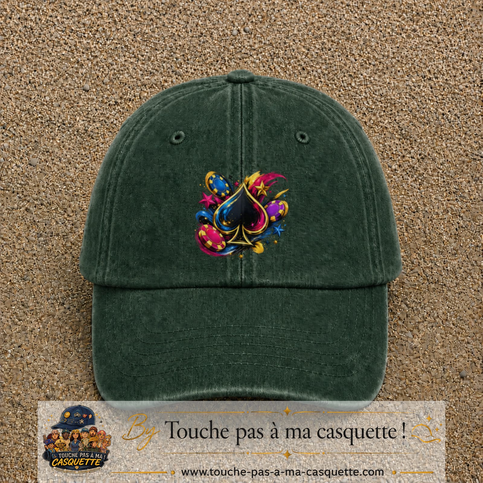 Casquette Vert foncé délavé avec motif As de pique et jetons de poker en 7 cm – vue principale
