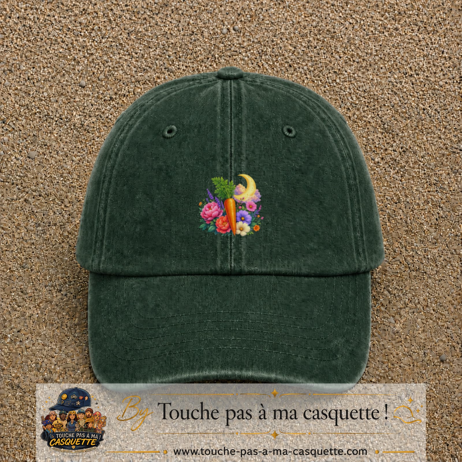 Casquette Vert foncé délavé motif Jardin carotte fleuri logo 5 cm