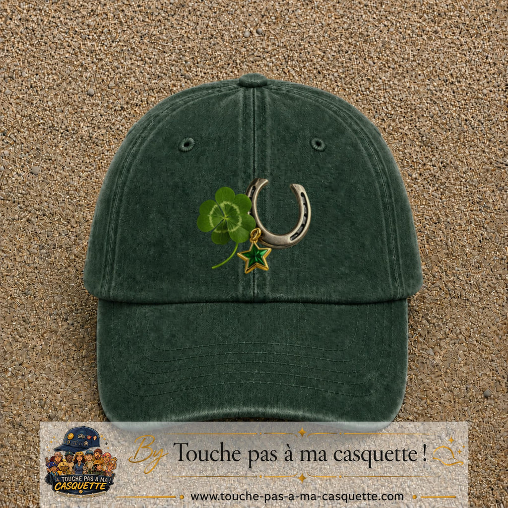 Image principale casquette Vert foncé délavé avec motif Trèfle et fer à cheval 7 cm