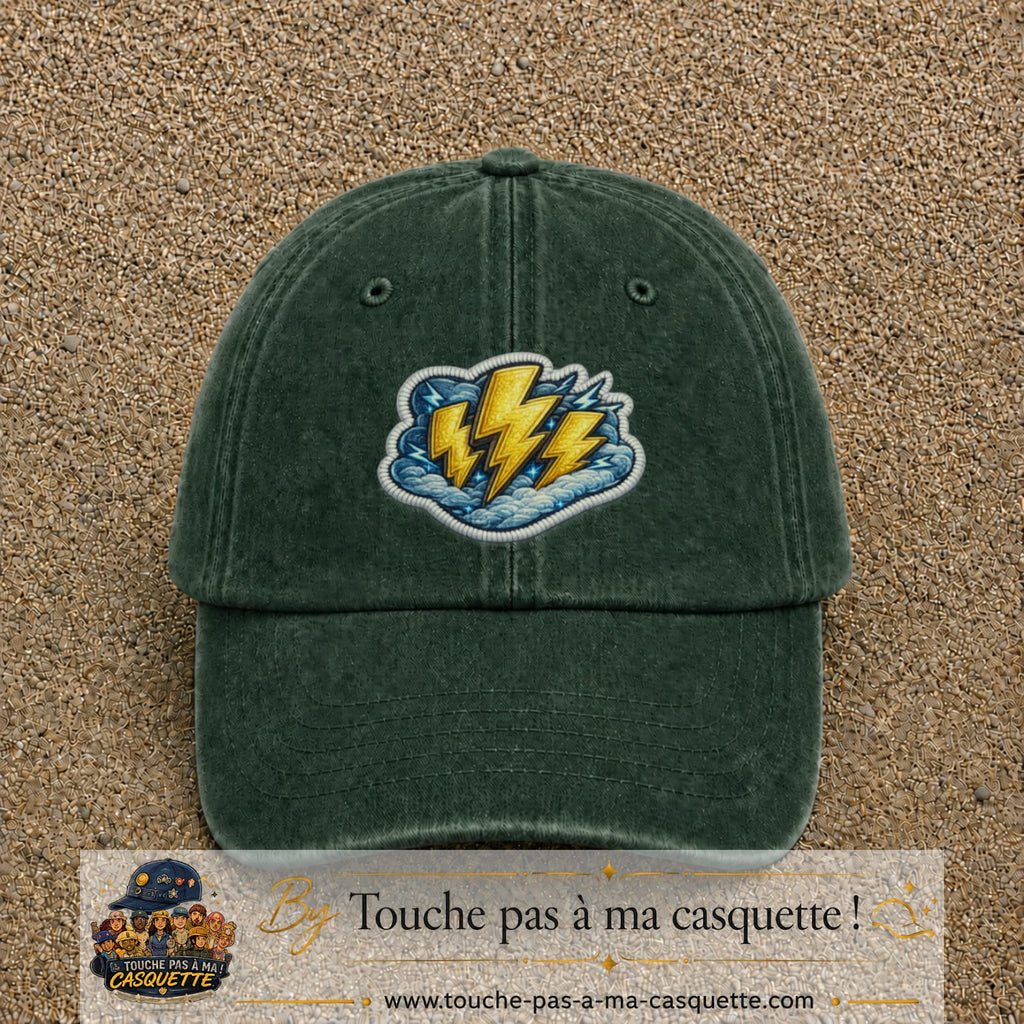 Image principale produit77grosVF - casquette Vert foncé délavé avec visuel Éclairs 7 cm