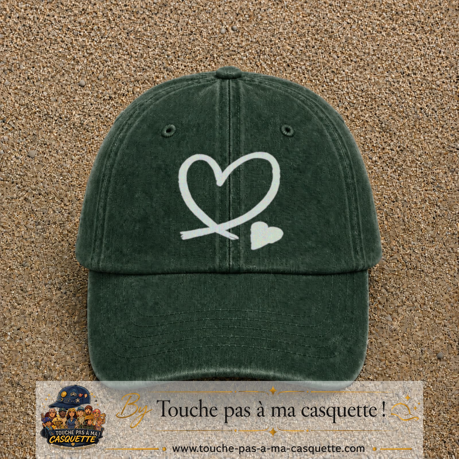 Image principale produit30grosVF - casquette Vert foncé délavé avec visuel Cœur continu blanc 7 cm