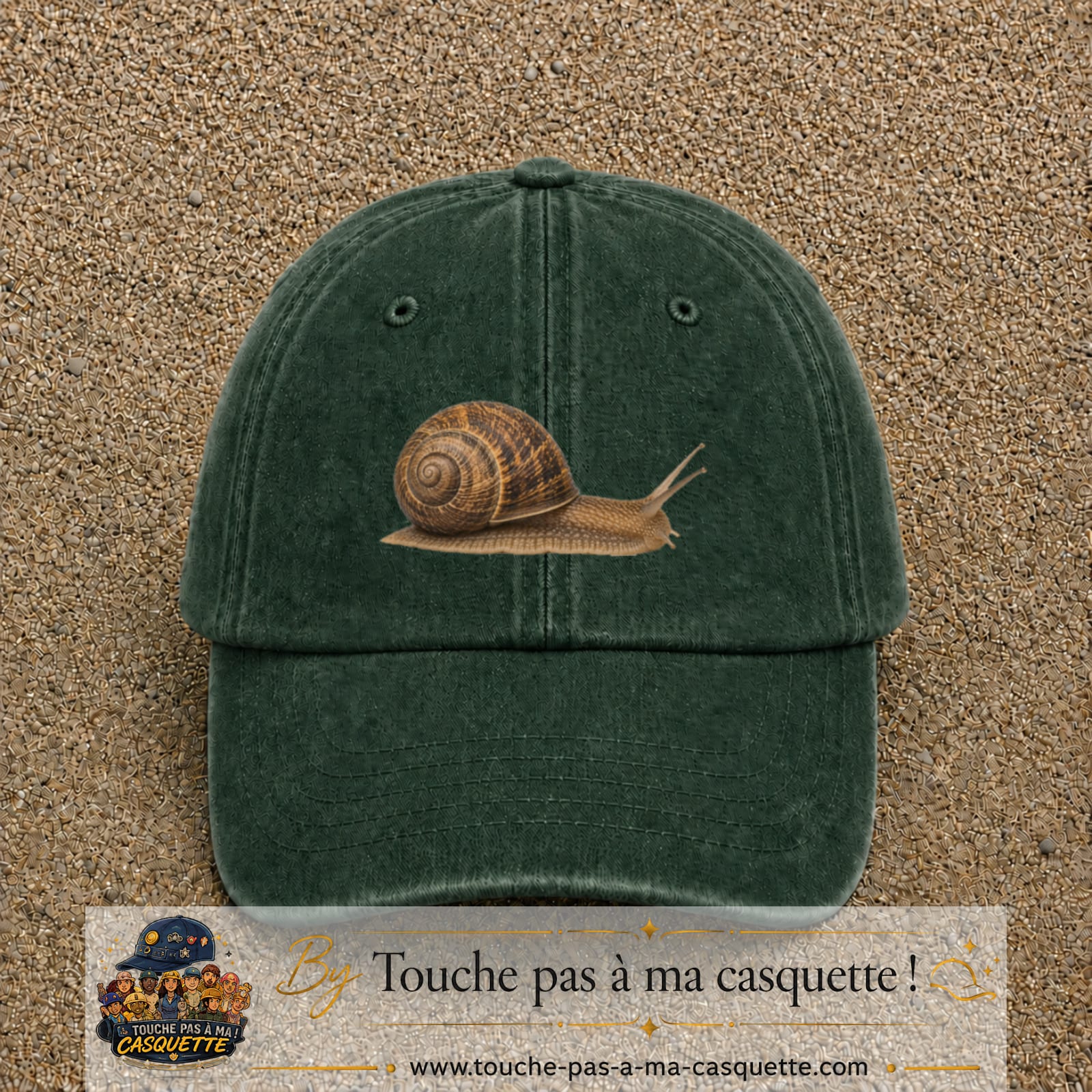 Image principale produit74moyenVF - casquette Vert foncé délavé avec visuel Escargot 5 cm