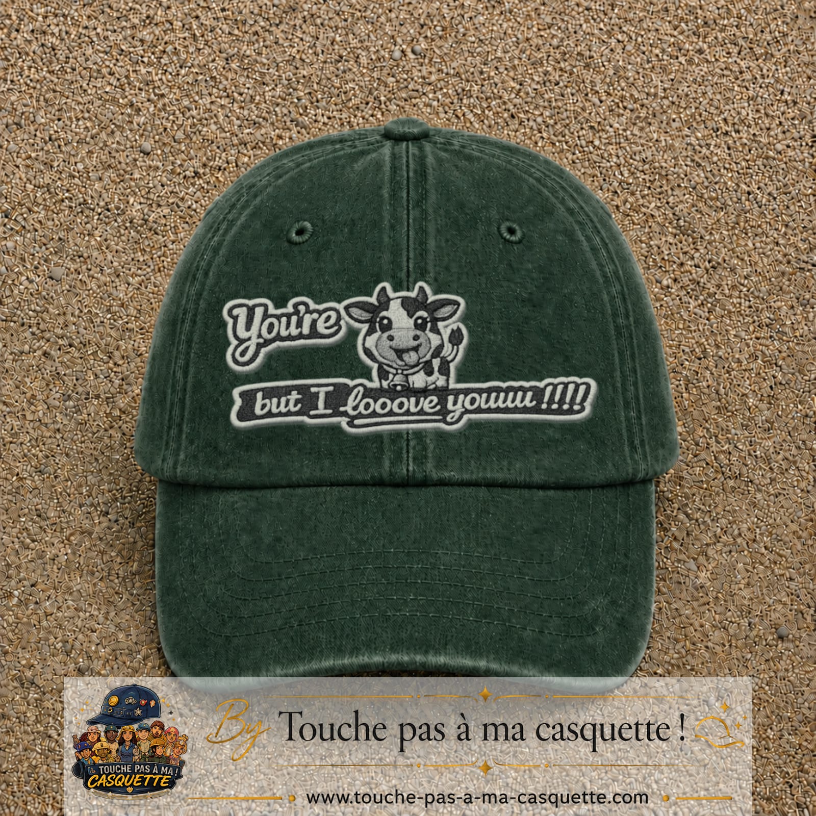 Image principale produit121grosVF - casquette Vert foncé délavé avec visuel Vache message anglais 7 cm