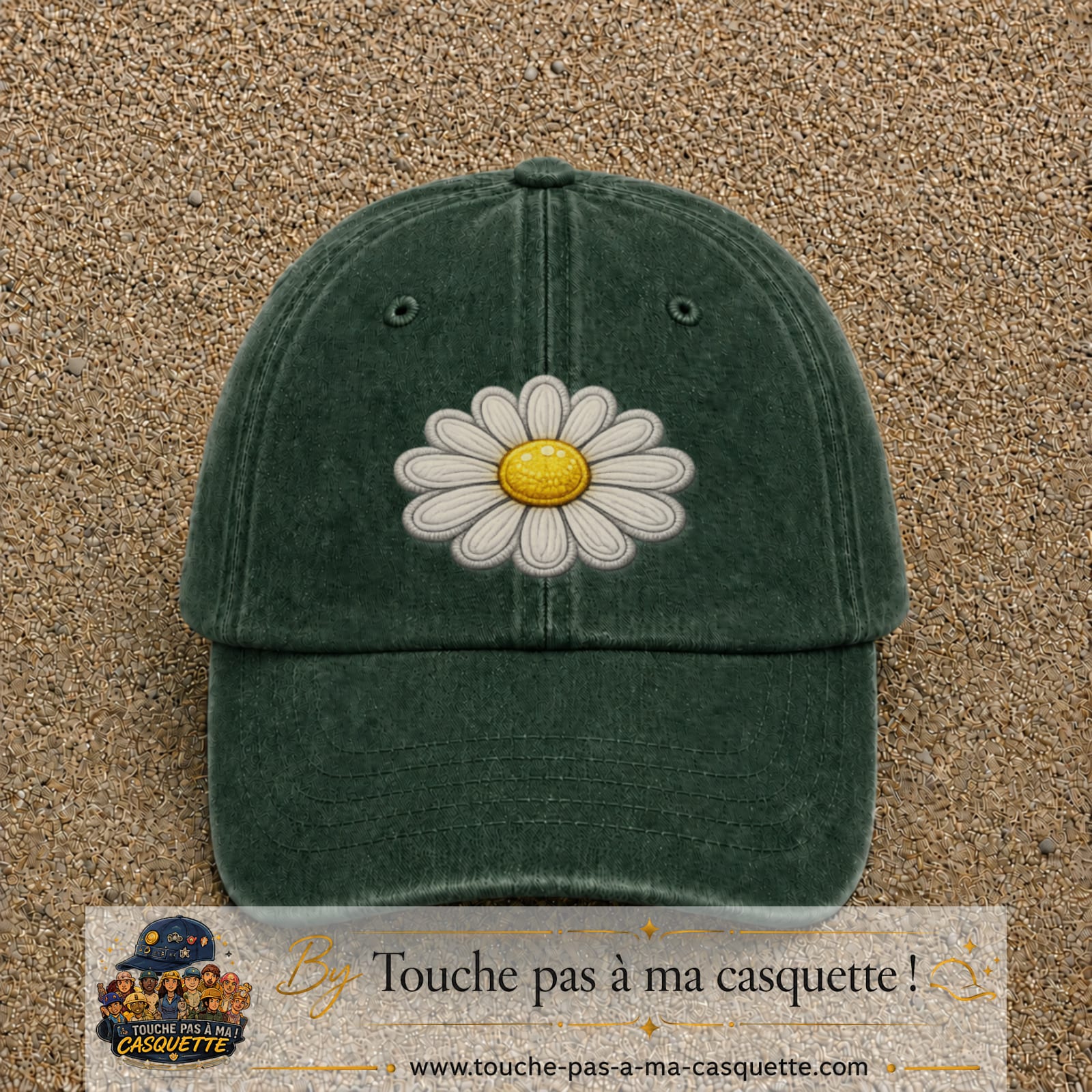 Image principale produit104grosVF - casquette Vert foncé délavé avec visuel Marguerite simple 7 cm