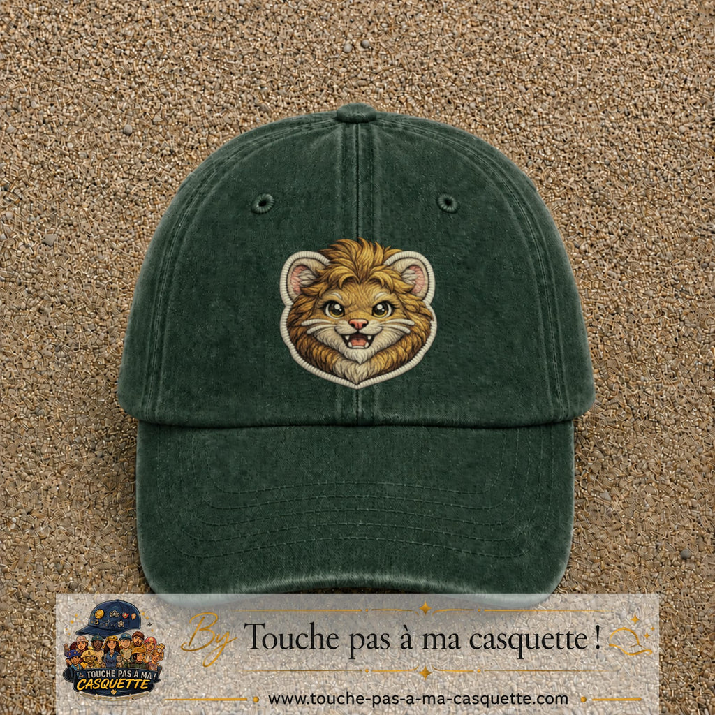 Image principale produit39grosVF - casquette Vert foncé délavé avec visuel Lion souriant 7 cm
