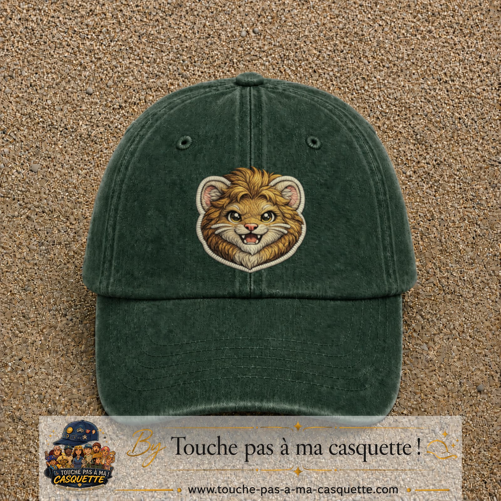 Image principale produit39grosVF - casquette Vert foncé délavé avec visuel Lion souriant 7 cm