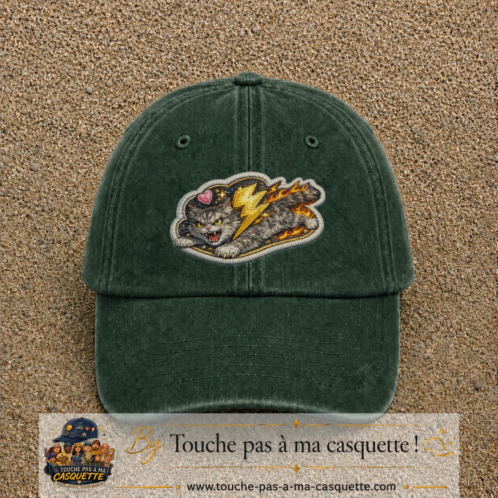 Image principale produit78grosVF - casquette Vert foncé délavé avec visuel Chat éclair 7 cm