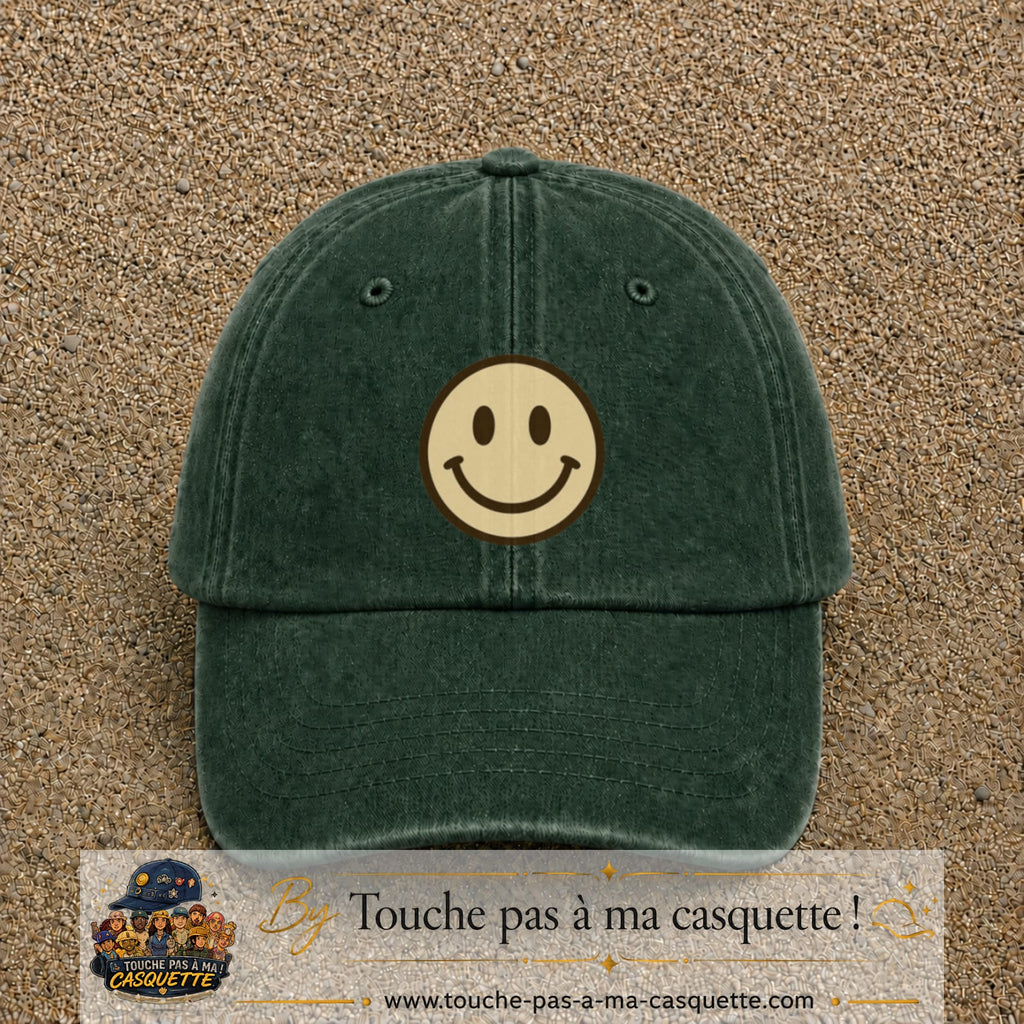 Image principale produit178grosVF - casquette Vert foncé délavé avec visuel Smiley 7 cm