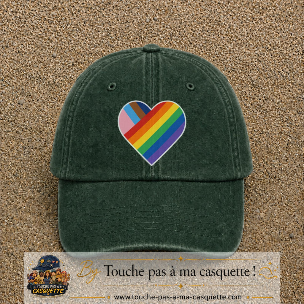 Image principale produit23grosVF - casquette Vert foncé délavé avec visuel Cœur arc-en-ciel 7 cm