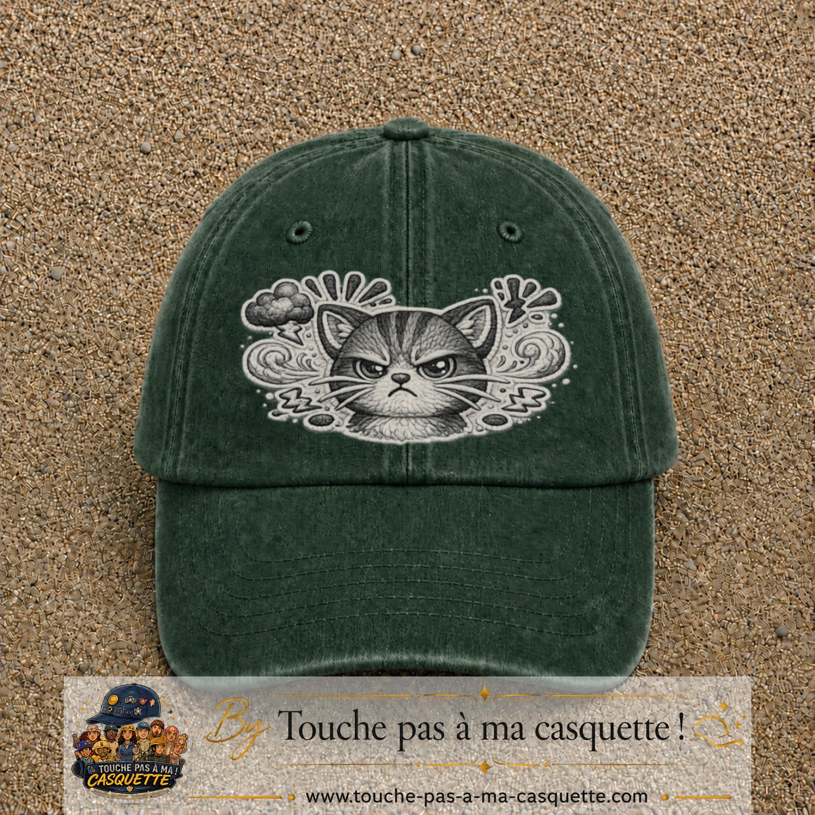 Image principale produit1grosVF - casquette Vert foncé délavé avec visuel Chat colère ornemental 7 cm