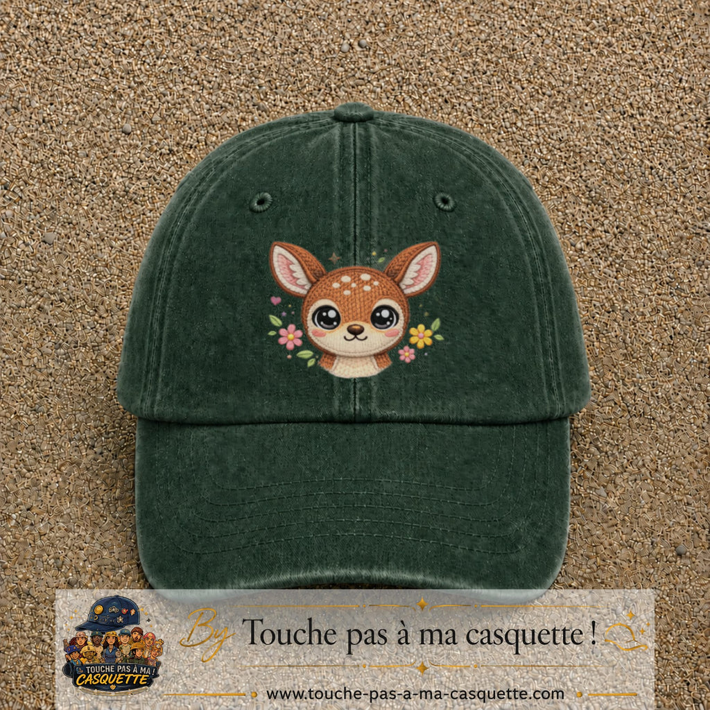 Image principale produit98grosVF - casquette Vert foncé délavé avec visuel Faon fleuri 7 cm