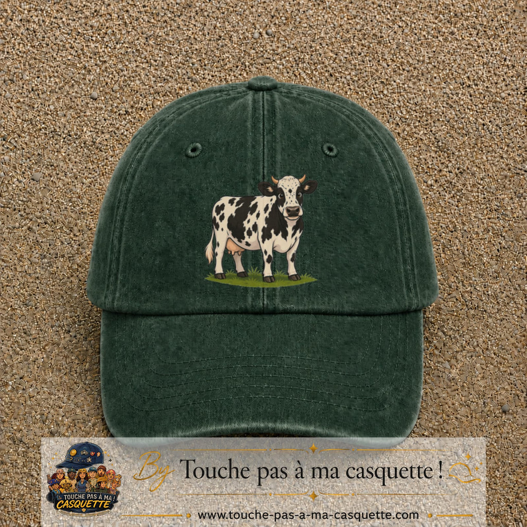 Image principale produit69grosVF - casquette Vert foncé délavé avec visuel Vache noir blanc 7 cm