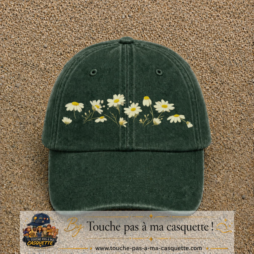 Image principale produit36grosVF - casquette Vert foncé délavé avec visuel Guirlande de marguerites 7 cm