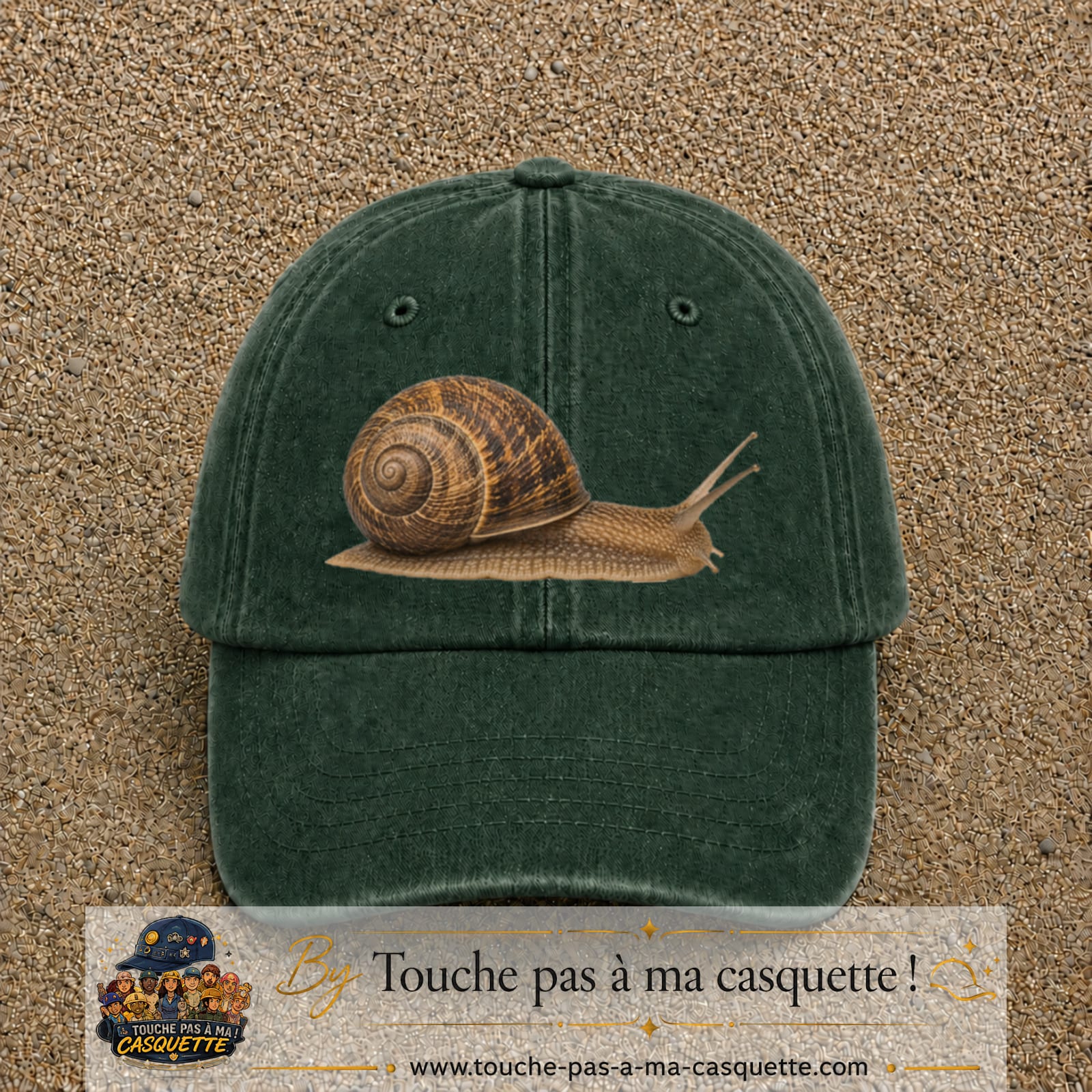 Image principale produit74grosVF - casquette Vert foncé délavé avec visuel Escargot 7 cm