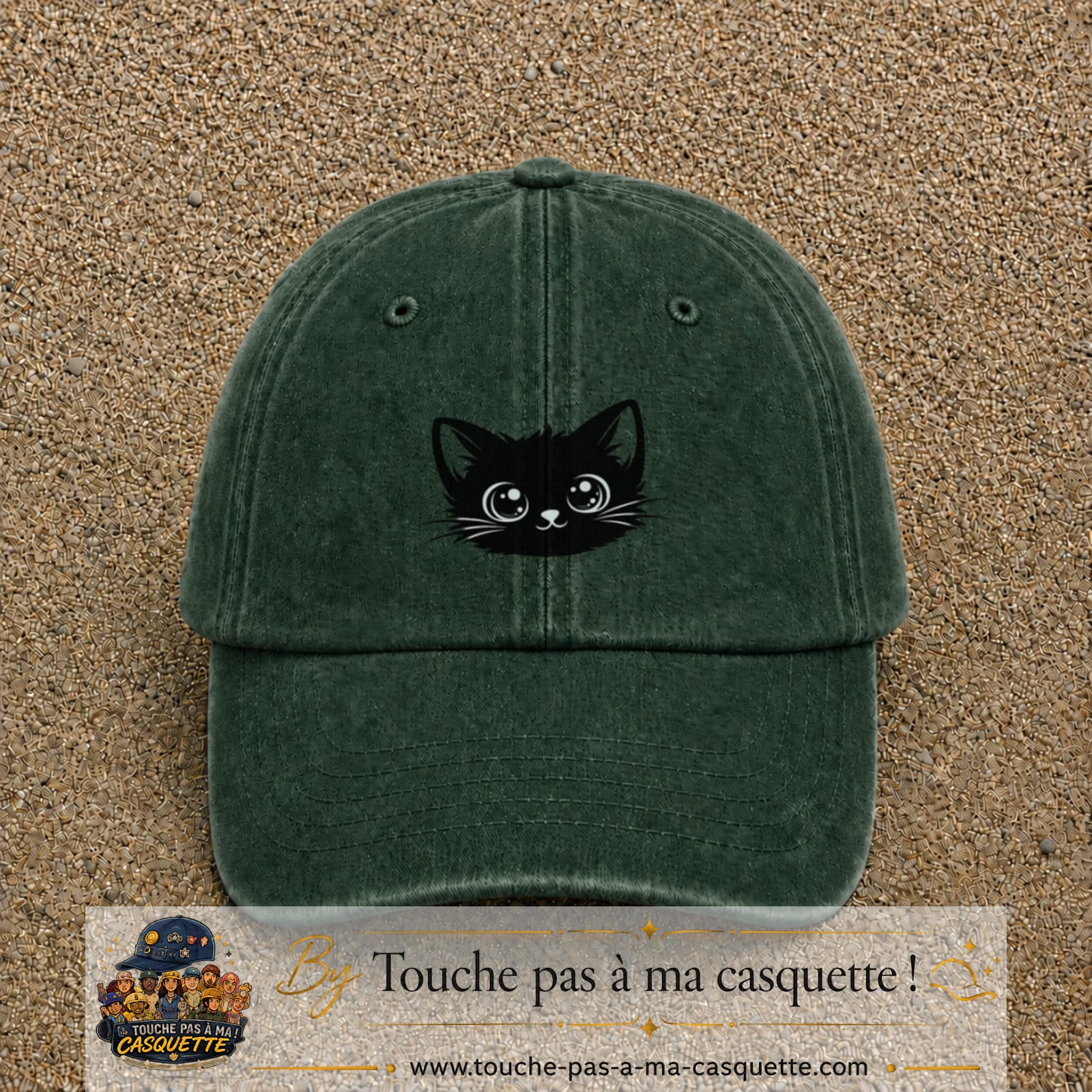 Image principale produit2moyenVF - casquette Vert foncé délavé avec visuel Chat noir yeux ronds 5 cm