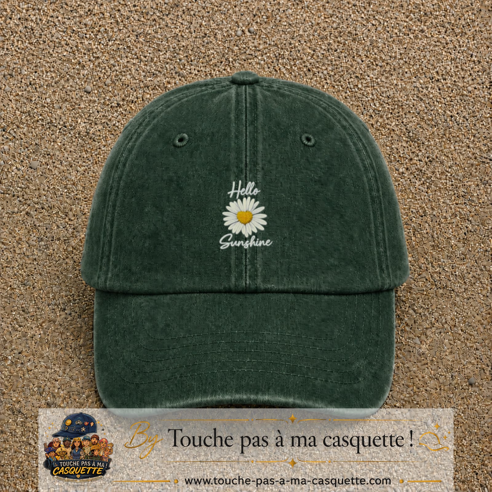 Image principale produit29moyenVF - casquette Vert foncé délavé avec visuel Hello sunshine marguerite blanc 5 cm