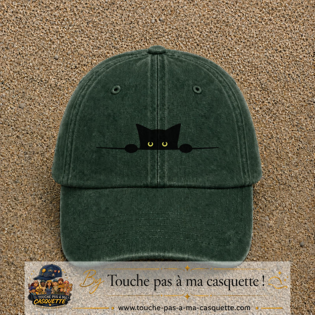 Image principale produit14moyenVF - casquette Vert foncé délavé avec visuel Chat noir caché pattes 5 cm