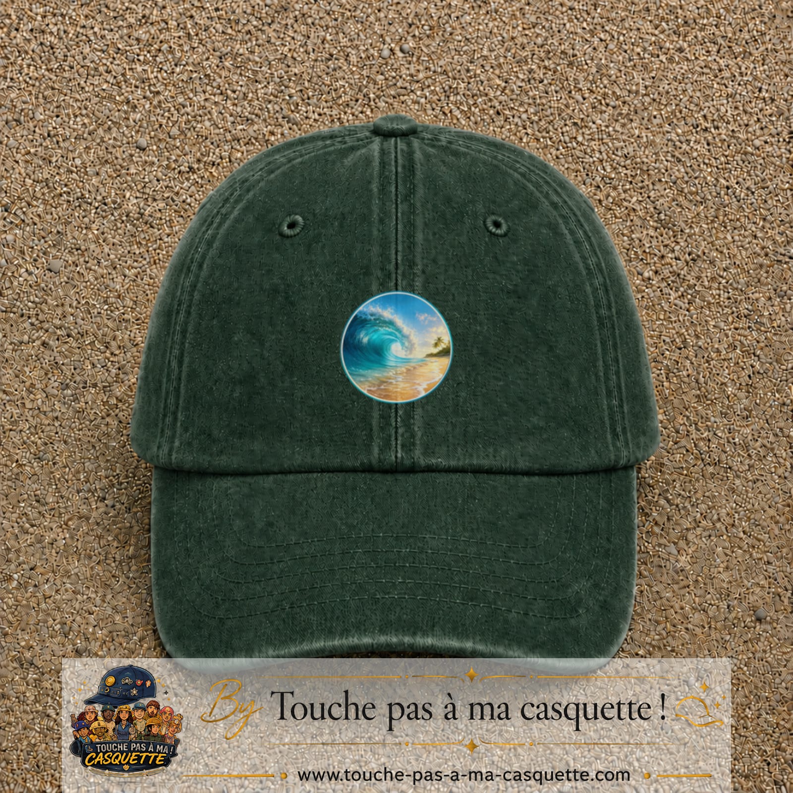 Image principale produit175moyenVF - casquette Vert foncé délavé avec visuel Vague plage 5 cm