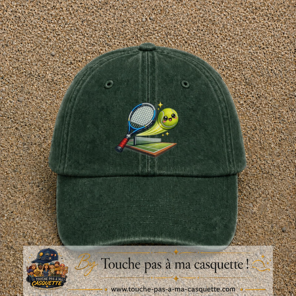 Image principale produit81grosVF - casquette Vert foncé délavé avec visuel Tennis court raquette 7 cm