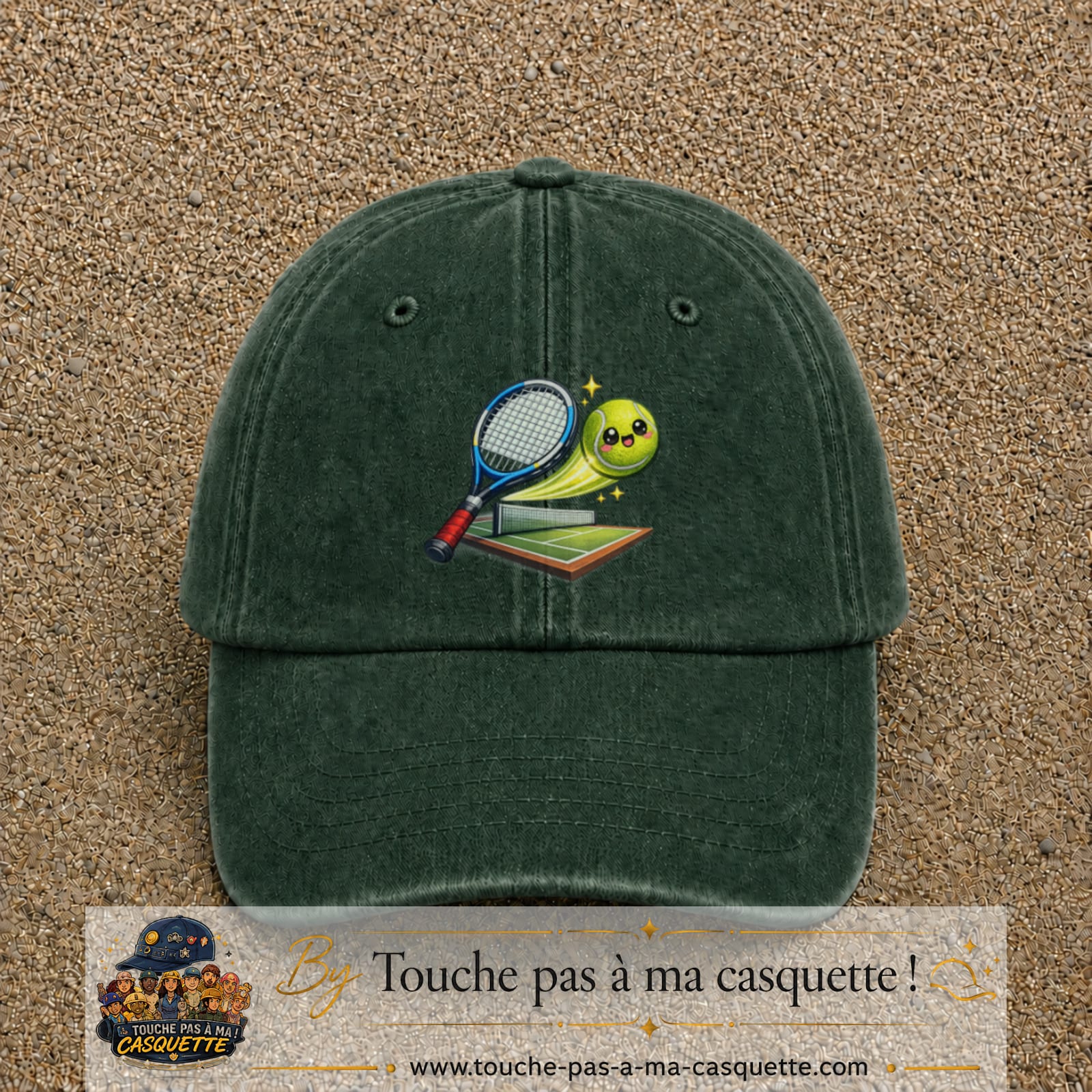 Image principale produit81grosVF - casquette Vert foncé délavé avec visuel Tennis court raquette 7 cm