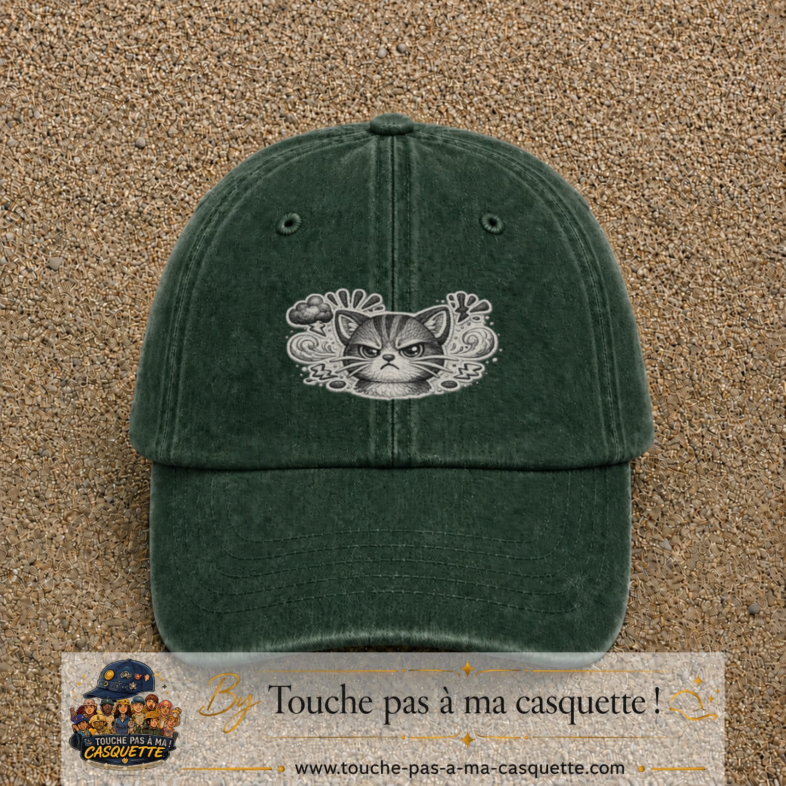 Image principale produit1moyenVF - casquette Vert foncé délavé avec visuel Chat colère ornemental 5 cm