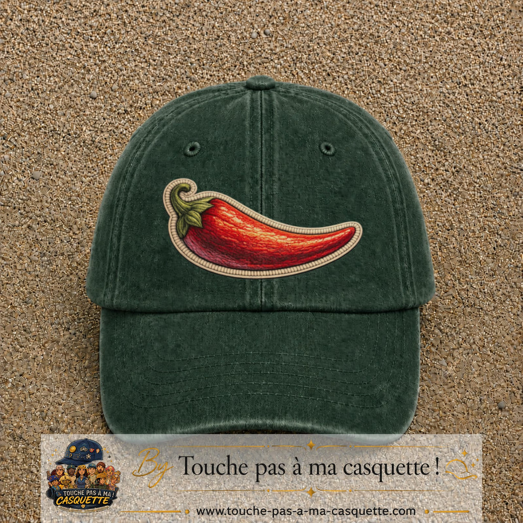 Image principale produit198grosVF - casquette Vert foncé délavé avec visuel Piment 7 cm