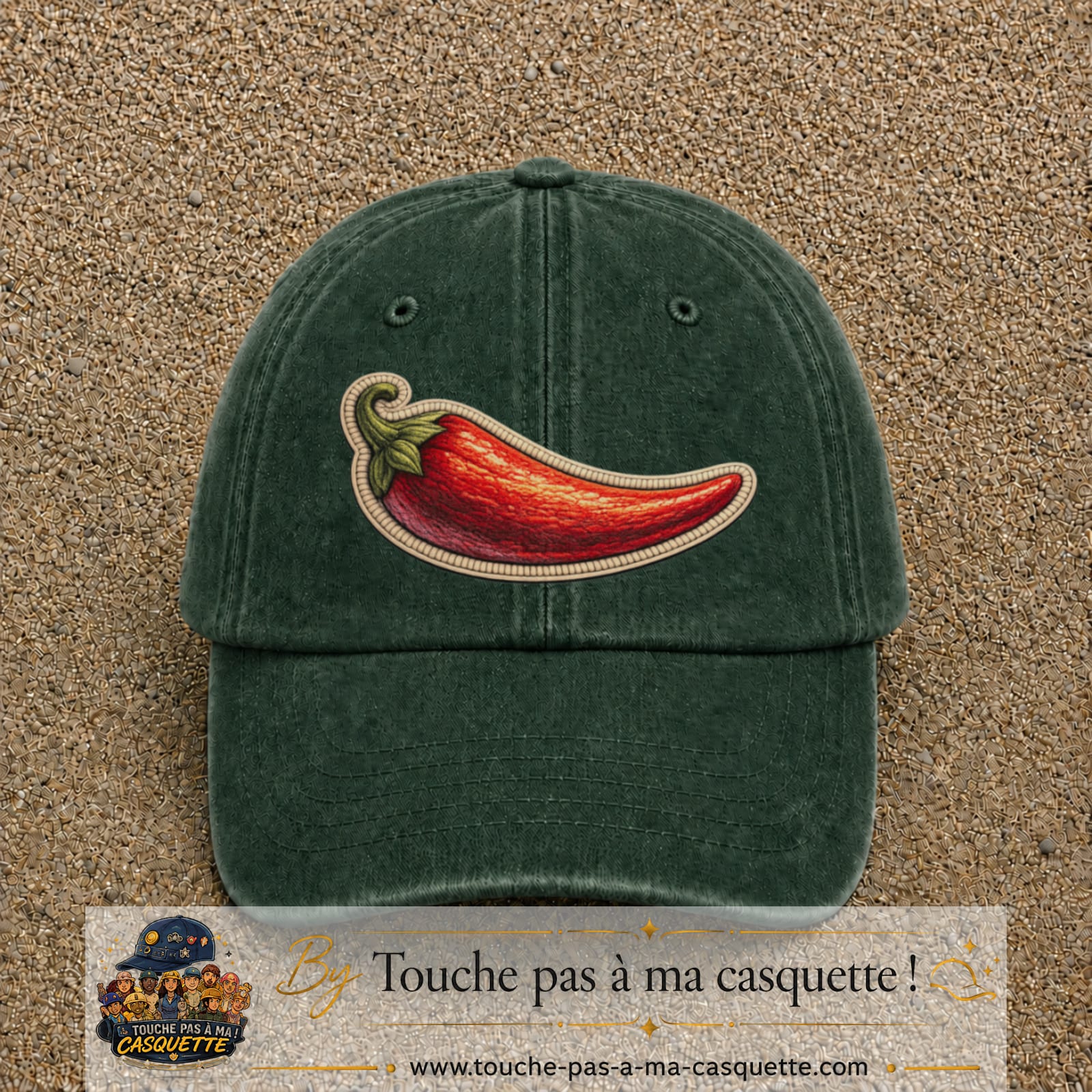 Image principale produit198grosVF - casquette Vert foncé délavé avec visuel Piment 7 cm