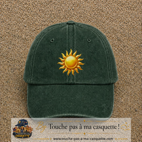 Image principale produit102grosVF - casquette Vert foncé délavé avec visuel Soleil brillant 7 cm