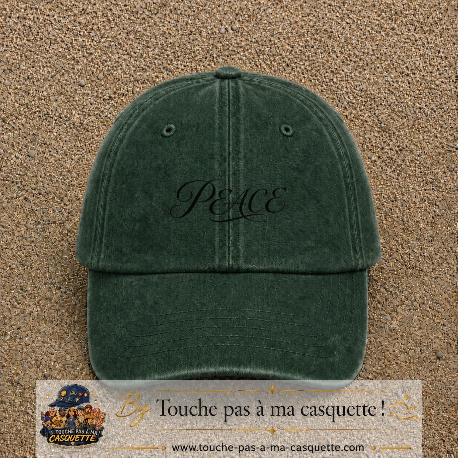 Image principale produit132petitVF - casquette Vert foncé délavé avec visuel Peace calligraphie 3 cm