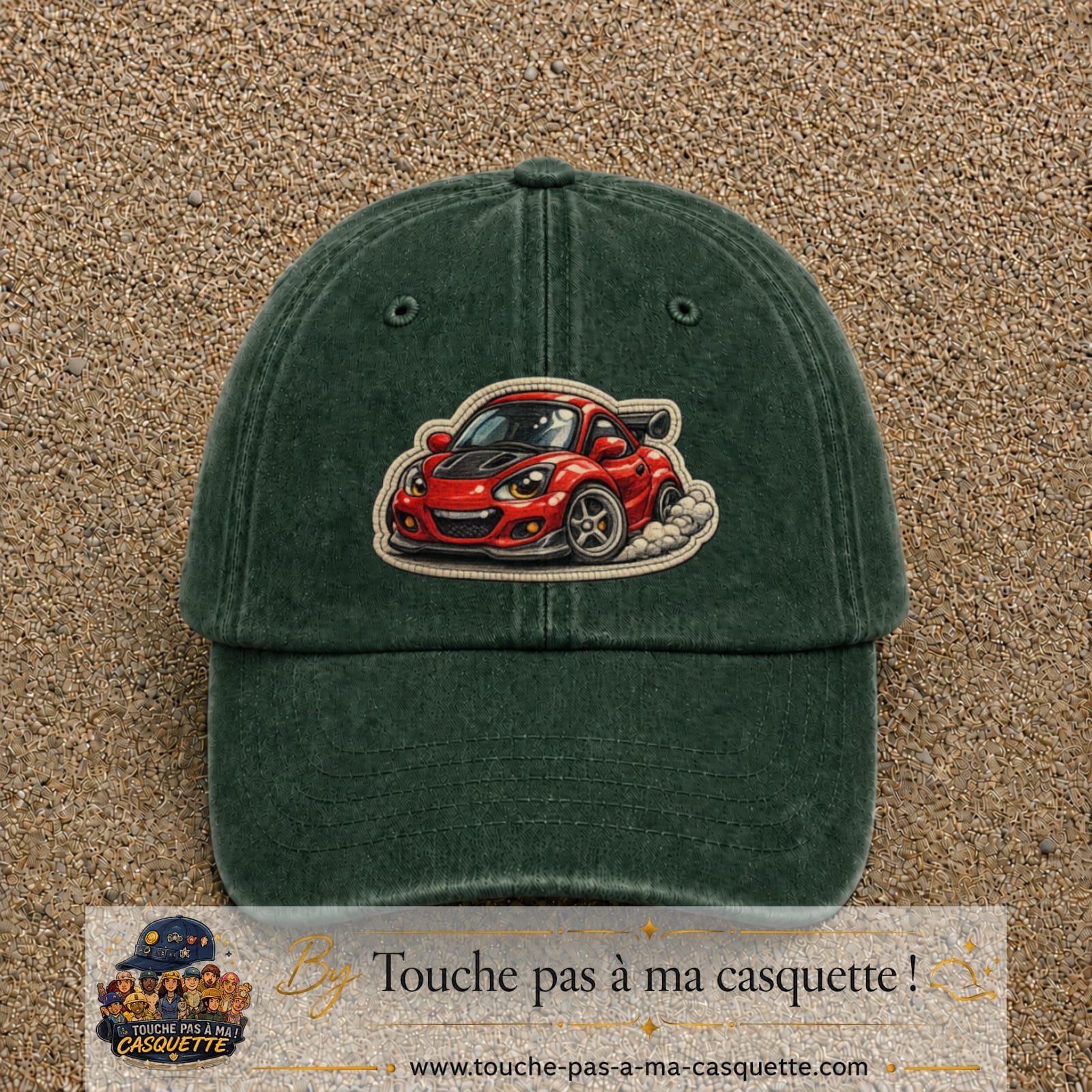 Image principale produit93grosVF - casquette Vert foncé délavé avec visuel Voiture rouge 7 cm