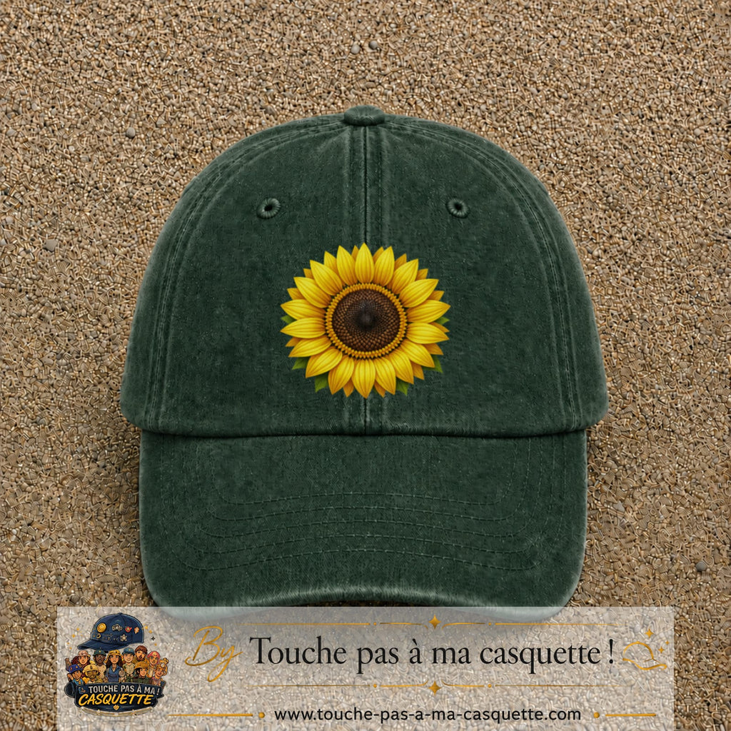 Image principale produit11grosVF - casquette Vert foncé délavé avec visuel Tournesol 7 cm