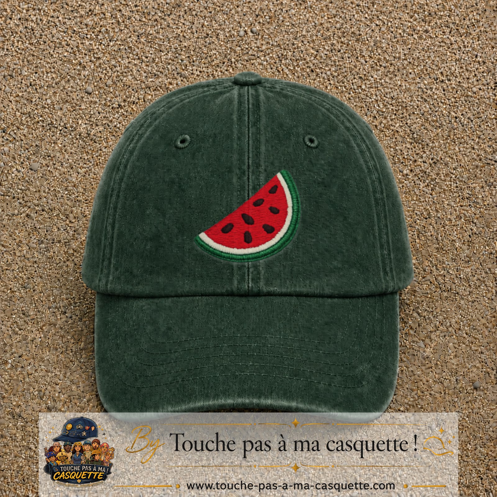 Image principale produit22grosVF - casquette Vert foncé délavé avec visuel Pastèque 7 cm