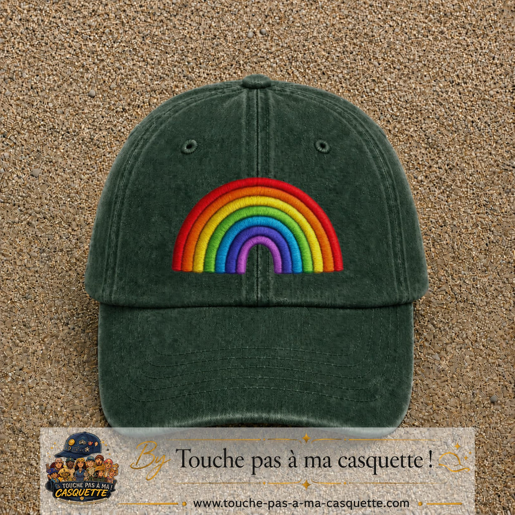 Image principale produit24grosVF - casquette Vert foncé délavé avec visuel Arc-en-ciel 7 cm