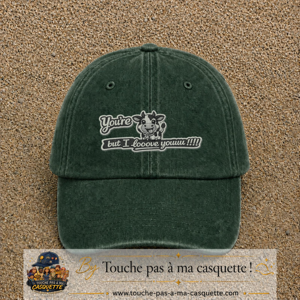 Image principale produit121moyenVF - casquette Vert foncé délavé avec visuel Vache message anglais 5 cm