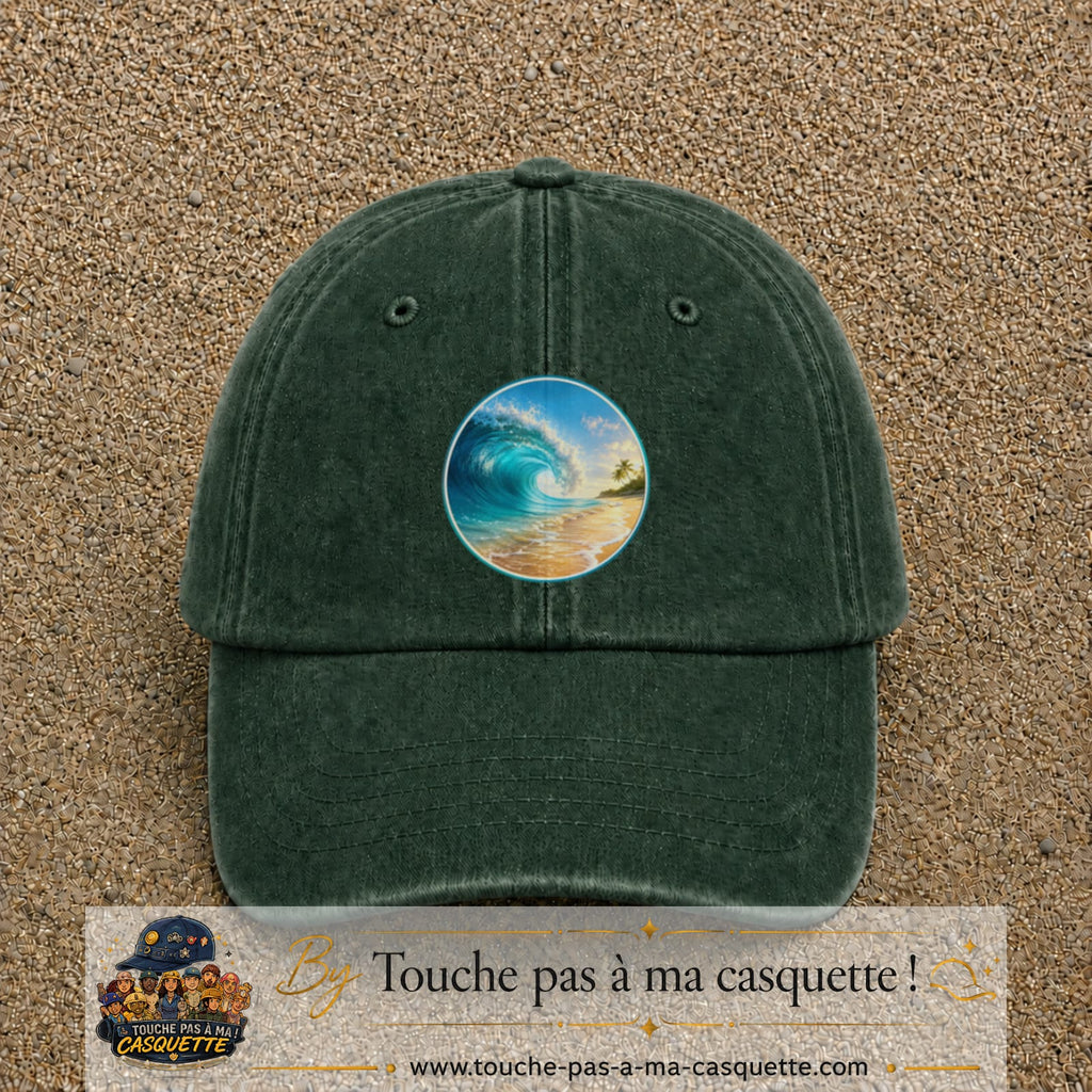 Image principale produit175grosVF - casquette Vert foncé délavé avec visuel Vague plage 7 cm
