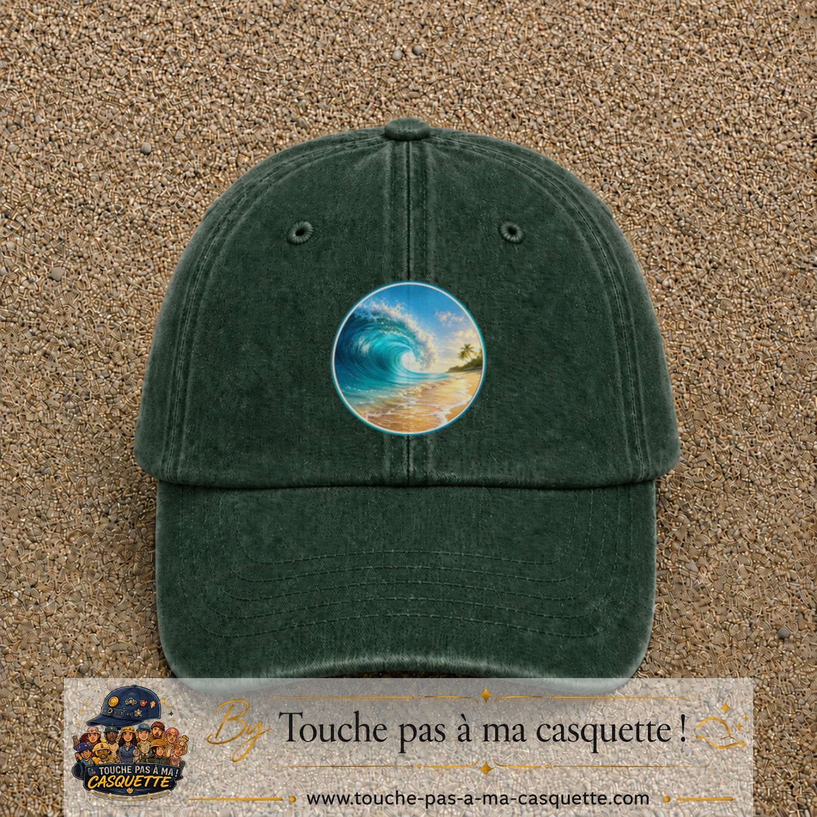 Image principale produit175grosVF - casquette Vert foncé délavé avec visuel Vague plage 7 cm