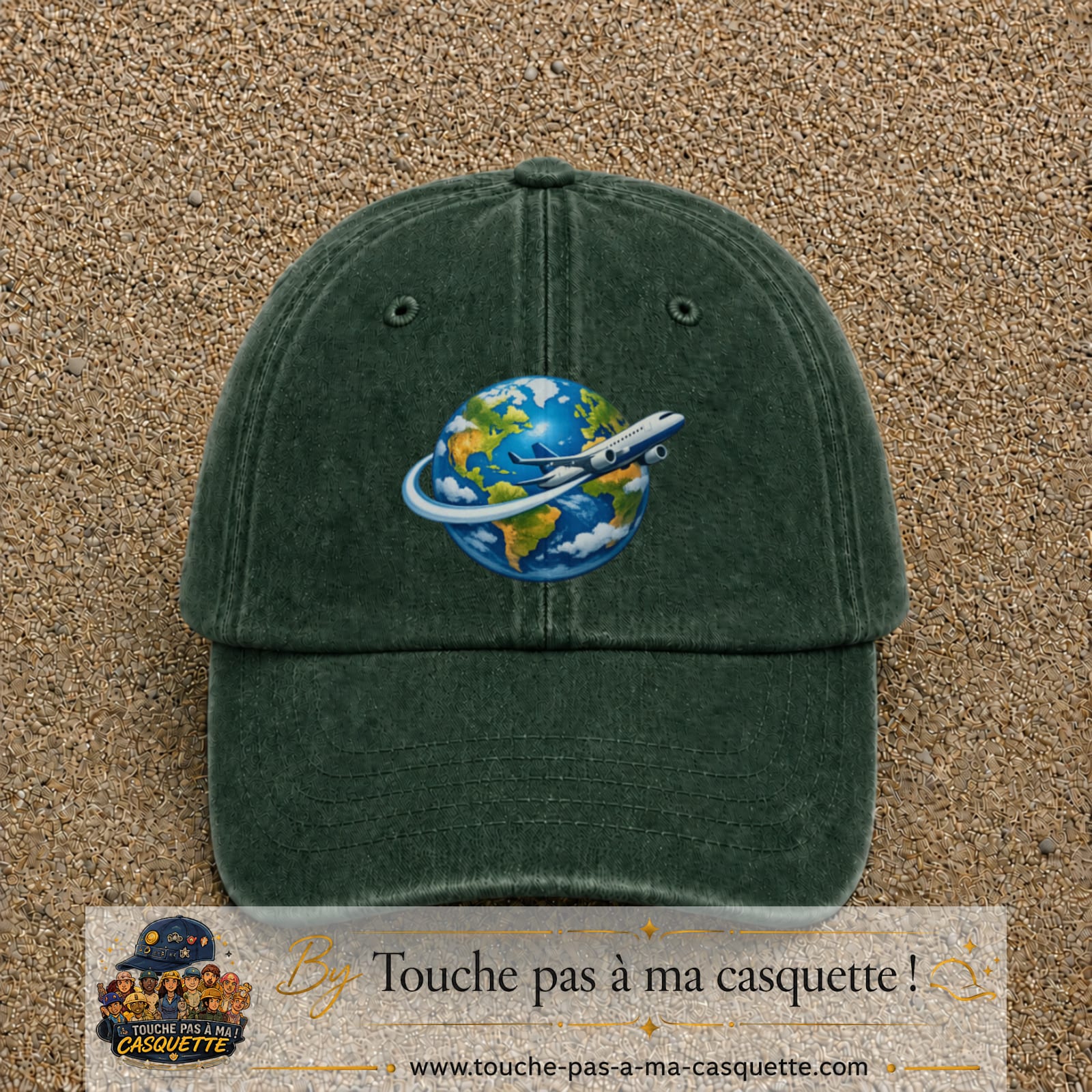 Image principale produit82grosVF - casquette Vert foncé délavé avec visuel Monde avion 7 cm